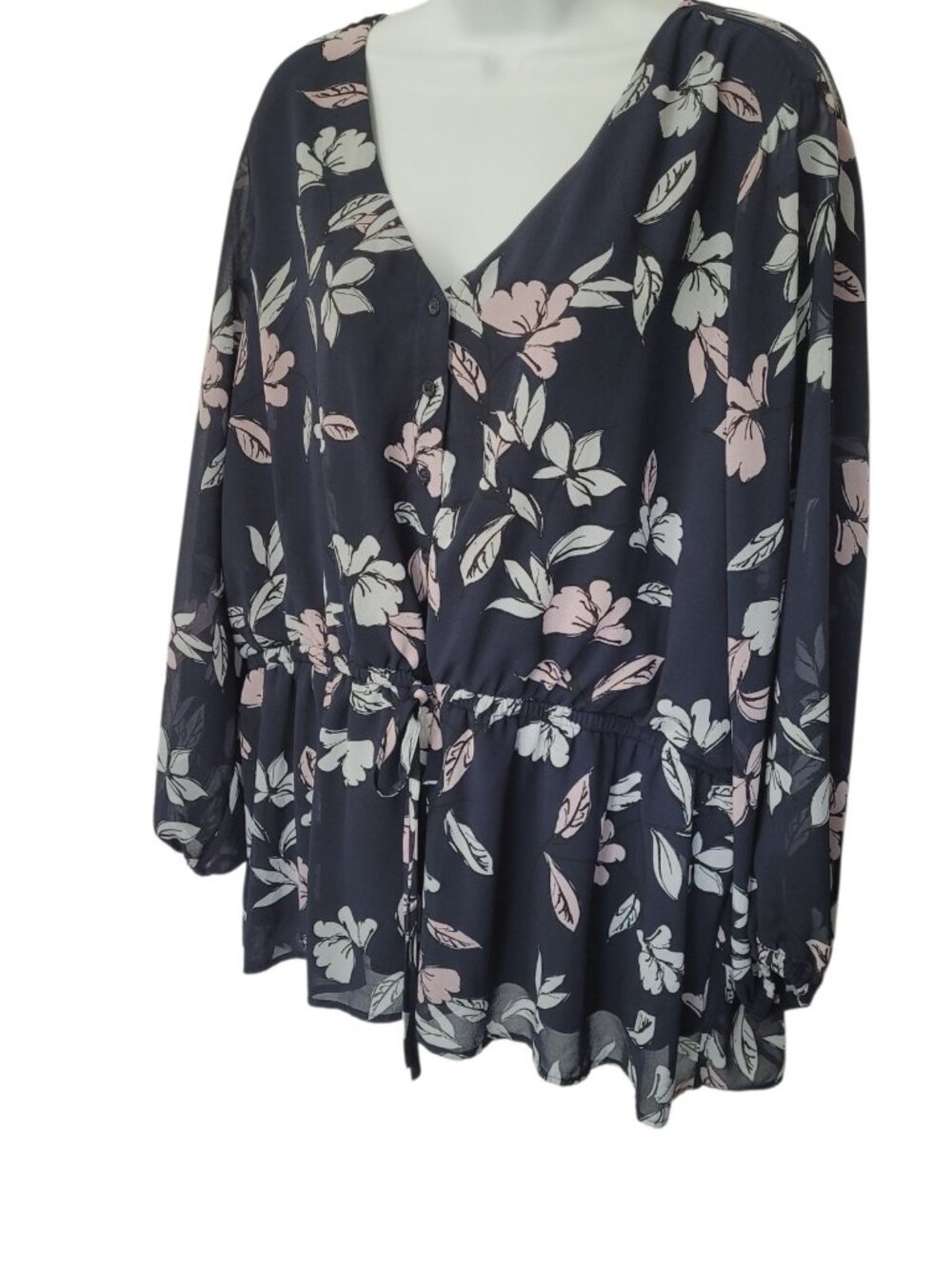 Lane Bryant Blouse 22 Blue Floral Long Sleeve Drawstring Waist Half Button Flowy